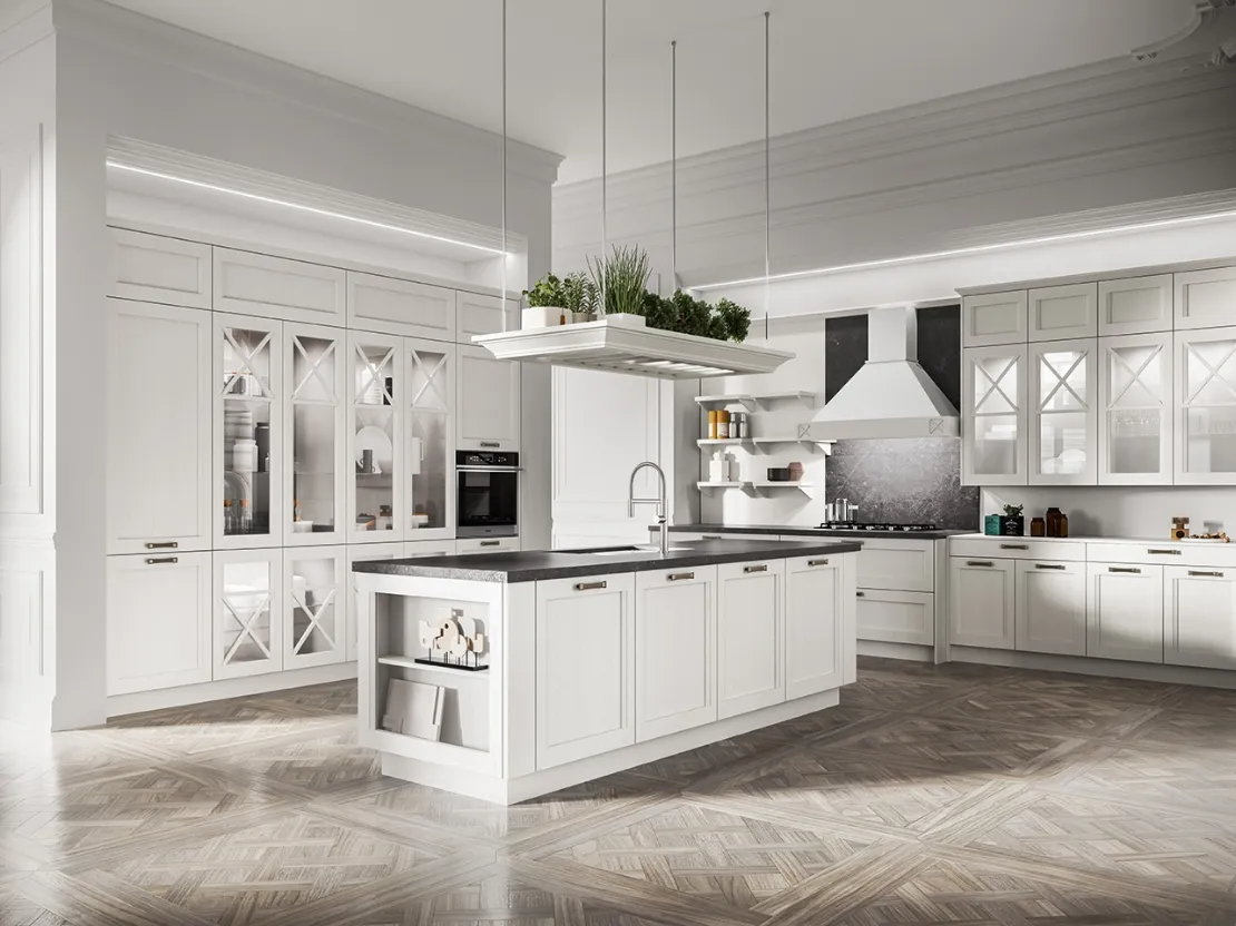 Cucina Classica con isola in legno di Frassino massello laccato Bianco a poro aperto e top in Dekton Fossil Frida classic di Arredo3