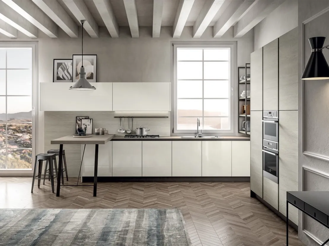 Cucina Moderna in laccato lucido e laminato Rovere Atalanta con penisola Cloe di Arredo3