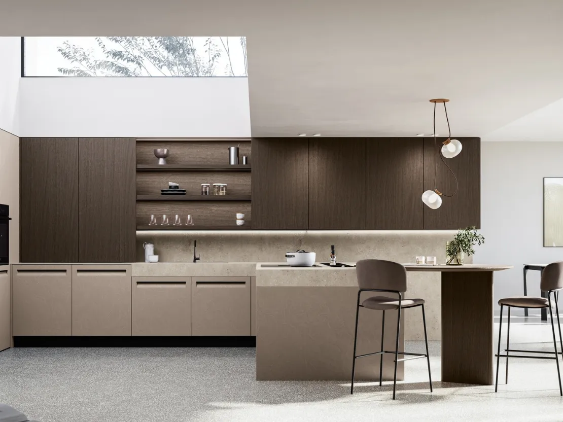 Cucina Moderna con penisola Tekna 02 in pet e noce di Arredo3