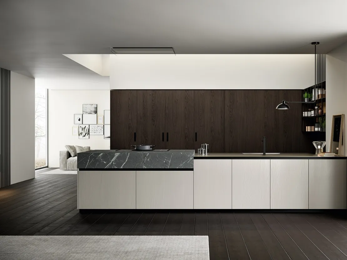 Cucina Moderna lineare Asia in laccato poro aperto Nebbia con colonne in Rovere ebano impiallacciato e top in HPL finitura Pietra Piasentina di Arredo3