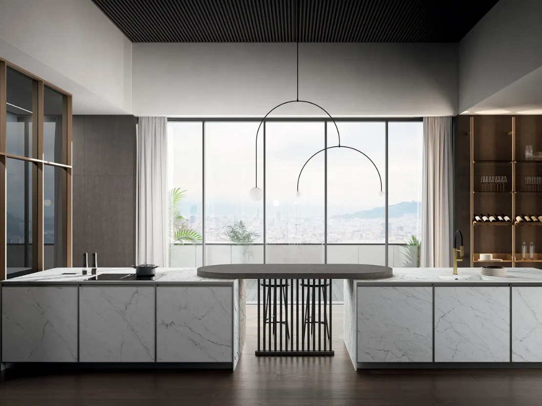 Cucina Moderna in laminam statuarietto con penisola Kronos di Arredo3