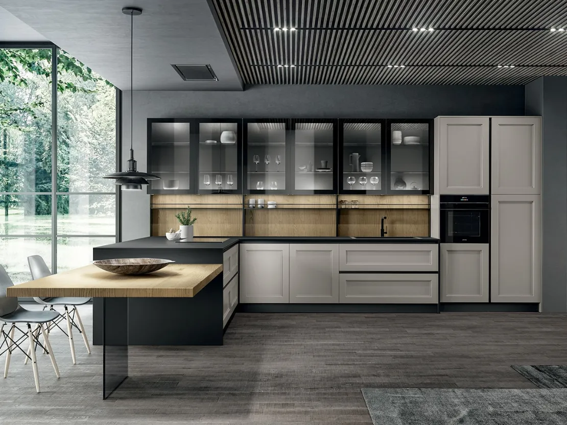 Cucina Moderna angolare con penisola in laccato opaco Nebbia, laminato Rovere biondo, vetro fumè e top in Fenix Nero Meg di Arredo3
